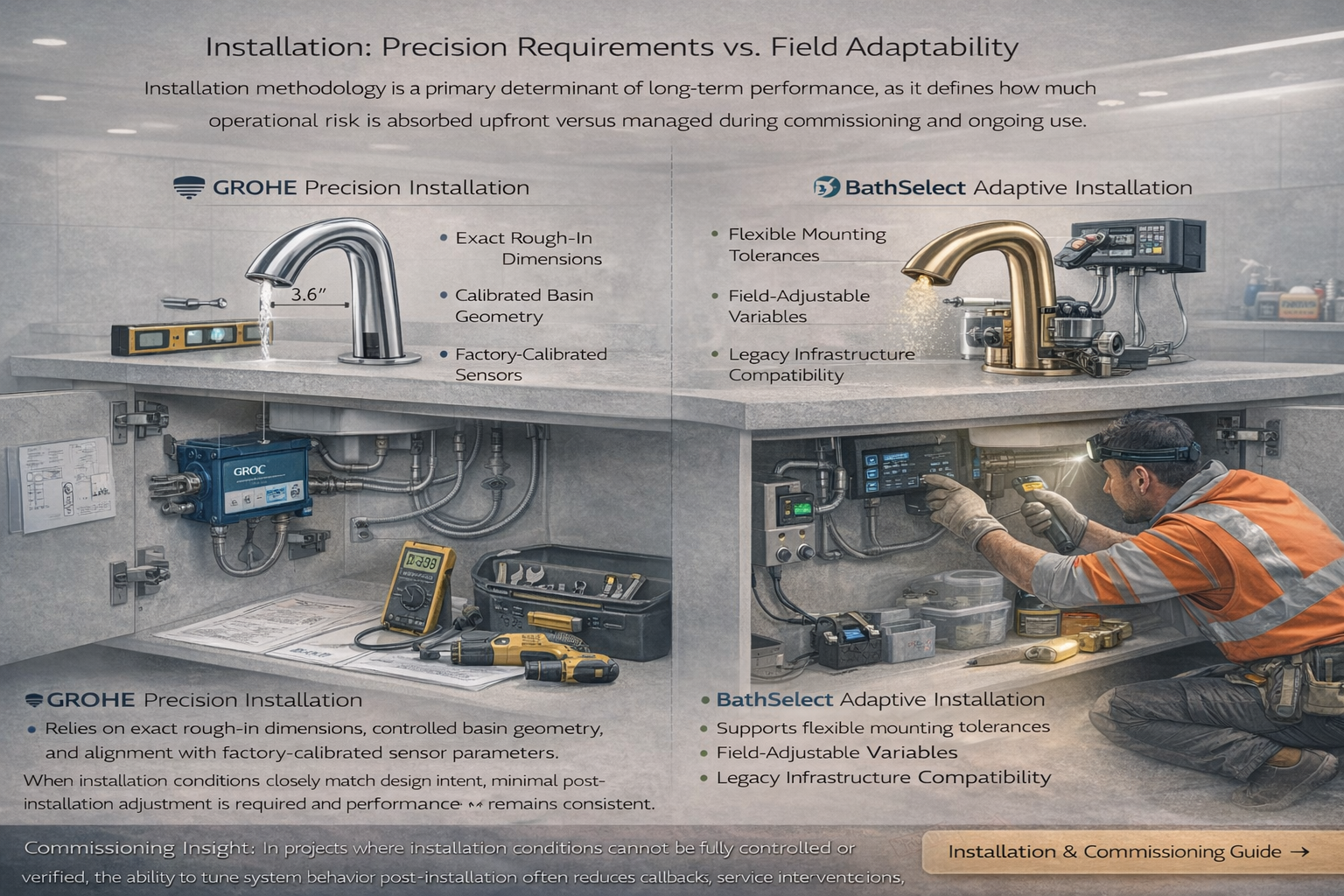 Touchless faucet installation and commissioning process illustrating rough-in accuracy, field adjustment, and post-installation calibration